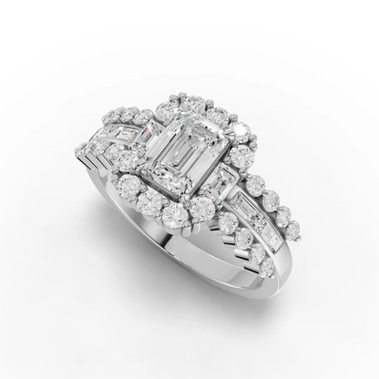 1 Carat Center Emerald, Baguette Cut Moissanite Diamond Engagement Ring