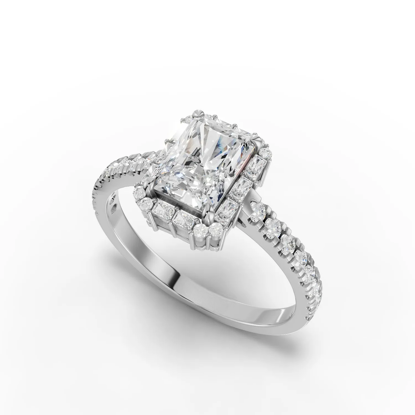 1 Carat Center Radiant, Baguette Cut Moissanite Diamond Engagement Ring