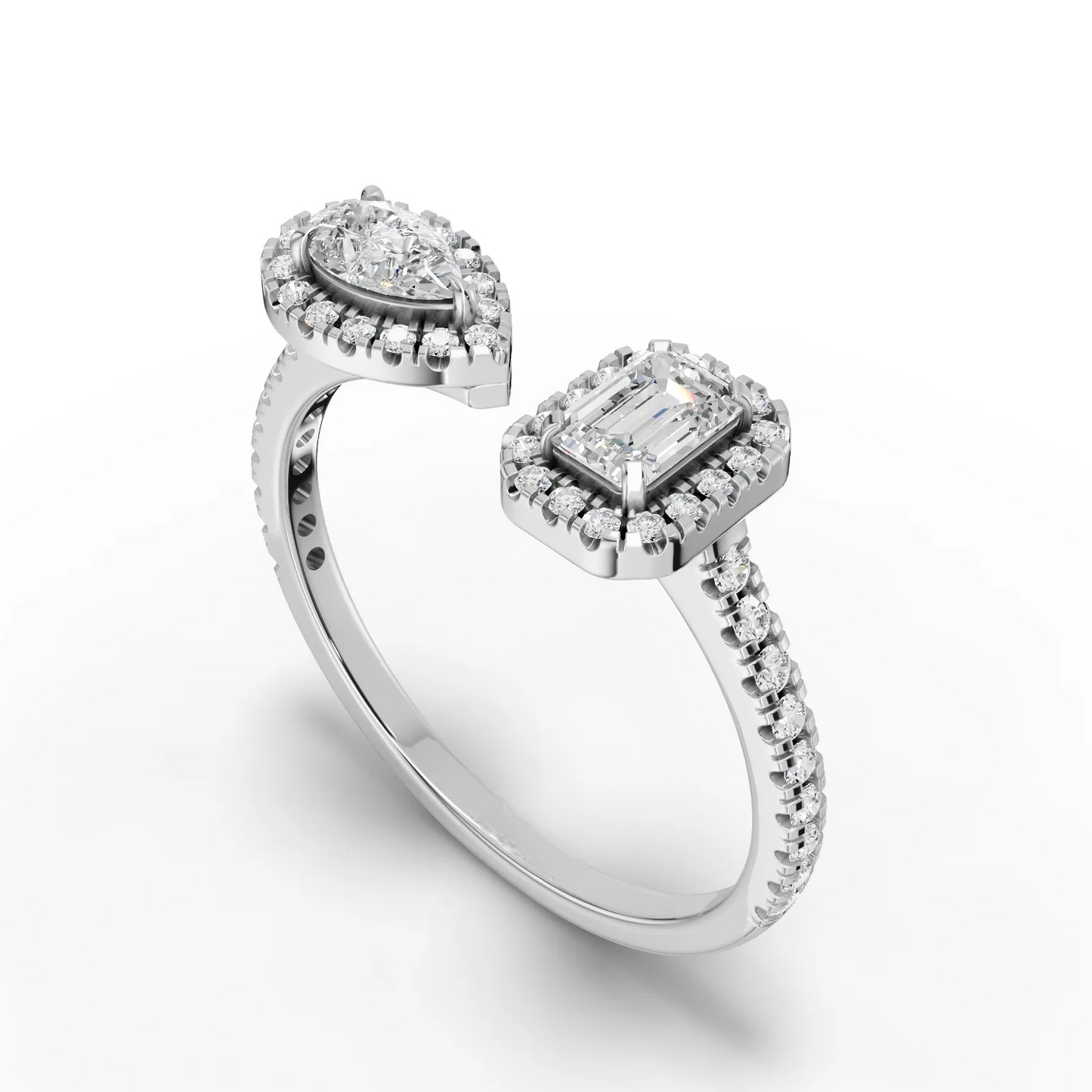 0.75 Carat Emerald, Pear Cut Halo Moissanite Diamond Ring