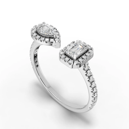 0.75 Carat Emerald, Pear Cut Halo Moissanite Diamond Ring