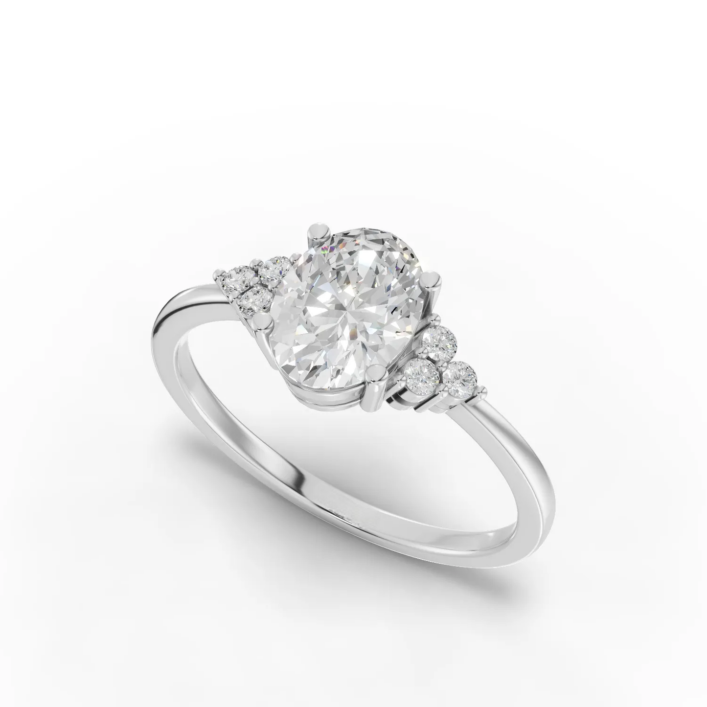 1 Carat Center Oval Cut Moissanite Diamond Gold Ring with Side Stones