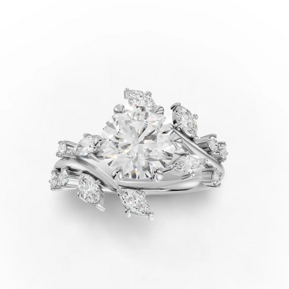 1.5 Carat Center Round, Marquise Cut Moissanite Diamond Engagement Ring