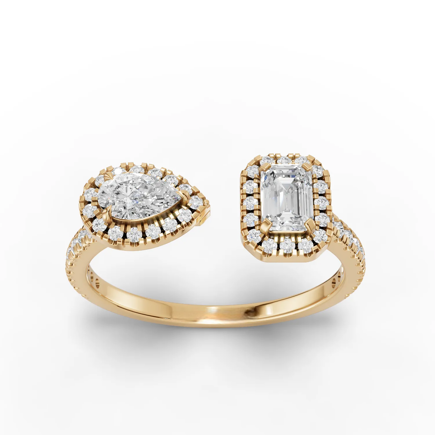 0.75 Carat Emerald, Pear Cut Halo Moissanite Diamond Ring