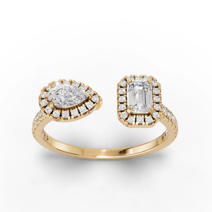 0.75 Carat Emerald, Pear Cut Halo Moissanite Diamond Ring