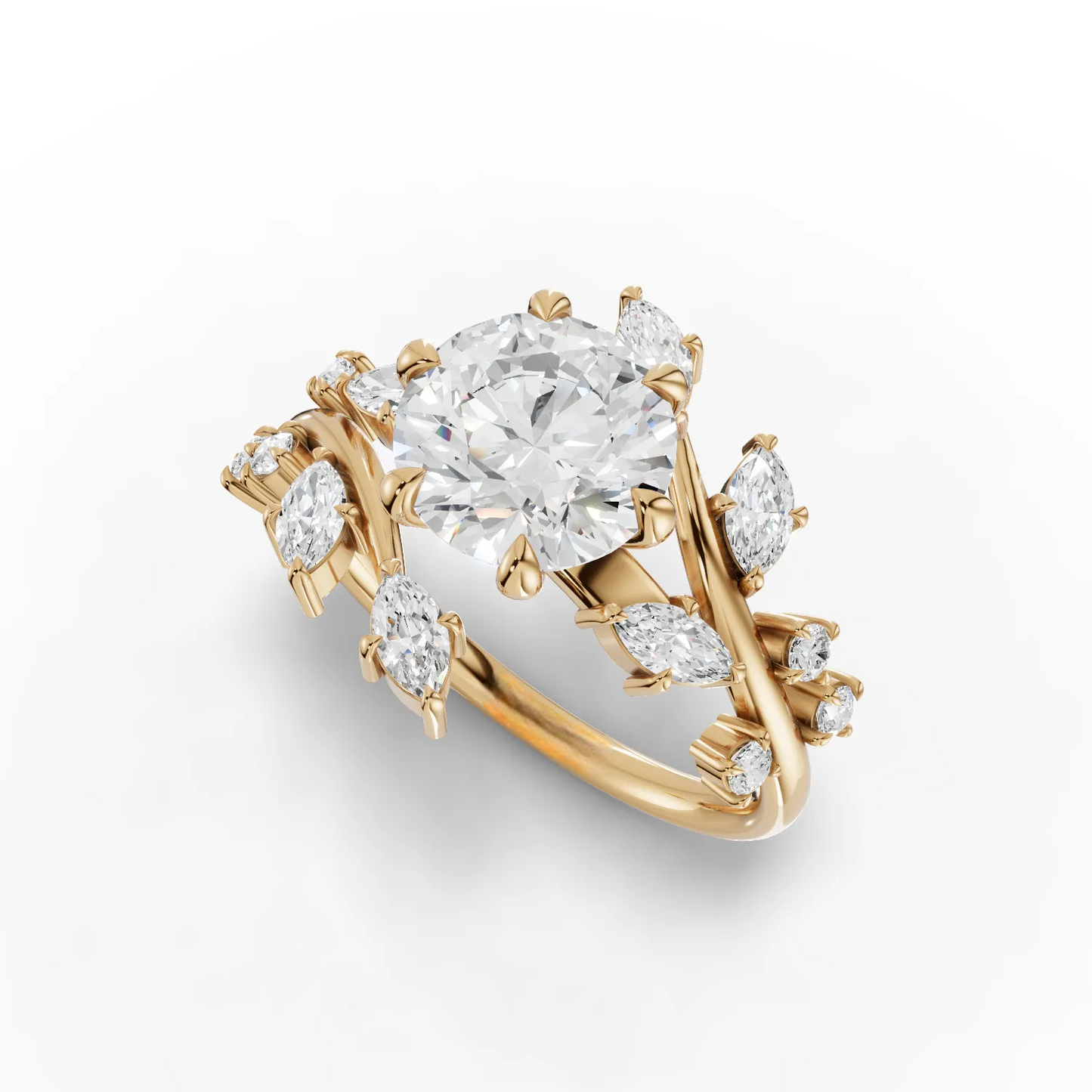 1.5 Carat Center Round, Marquise Cut Moissanite Diamond Engagement Ring